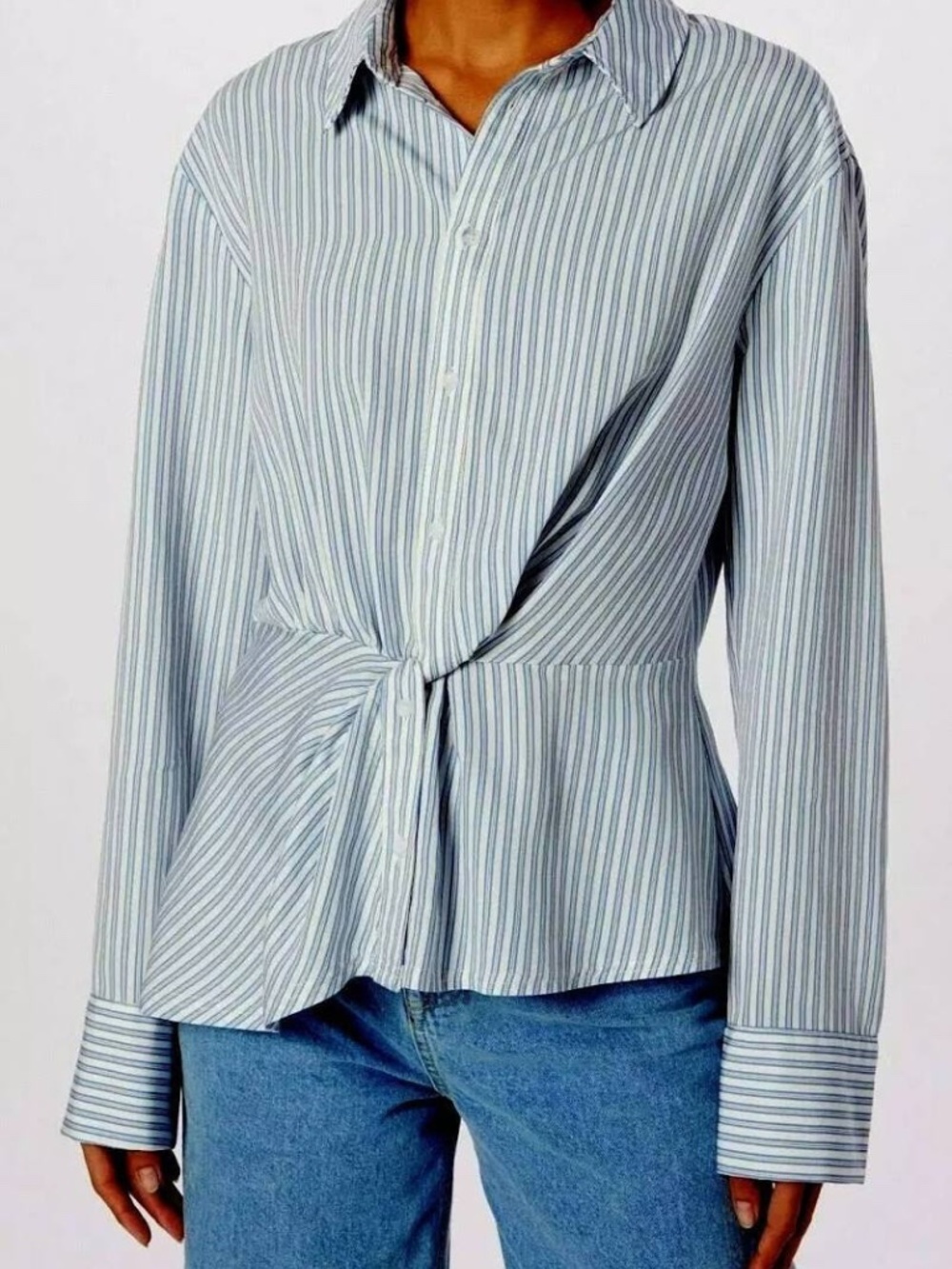 Topshop Blue Striped Peplum Faux Front Knot Button Down Blouse Womens 8